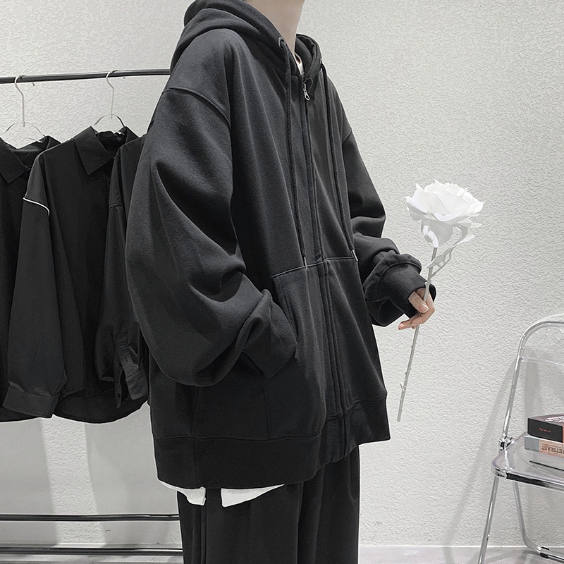 Áo Khoác Hoodie Tay Dài Dáng Rộng Màu Sắc Đơn Giản Phong Cách Hồng Kông Thời Trang Cho Nam