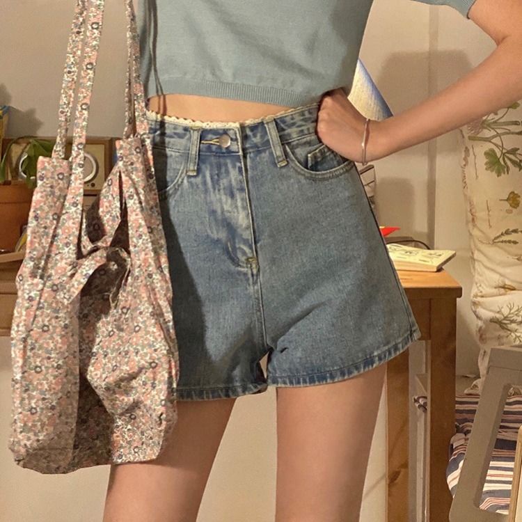 COZOK Quần Short denim Dáng Rộng Viền Ren Phong Cách Hàn Quốc