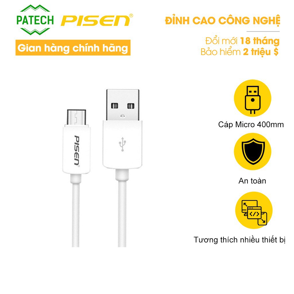 Cáp sạc điện thoại Pisen Micro USB 400mm - Hàng Chính Hãng