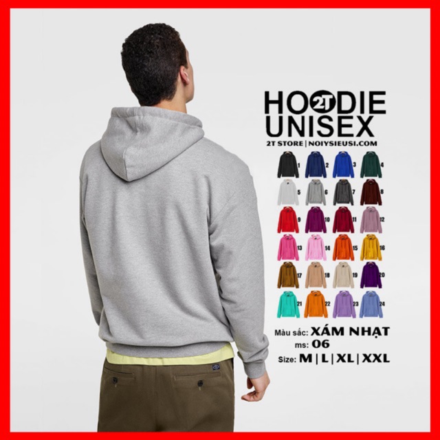 Áo hoodie unisex 2T Store H06 màu xám nhạt - Áo khoác nỉ chui đầu nón 2 lớp dày dặn đẹp chất lượng