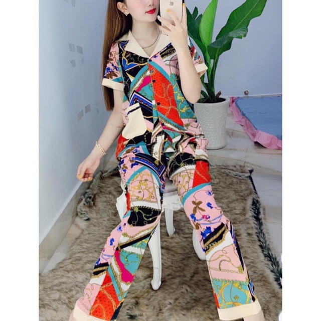 Pijama satin lụa tay ngắn quần dài ngắn phối màu sắc