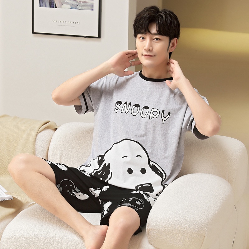 Bộ Đồ Ngủ Tay Ngắn Chất Liệu Cotton Mỏng In Họa Tiết Hoạt Hình Thời Trang Xuân Hè Cho Nam