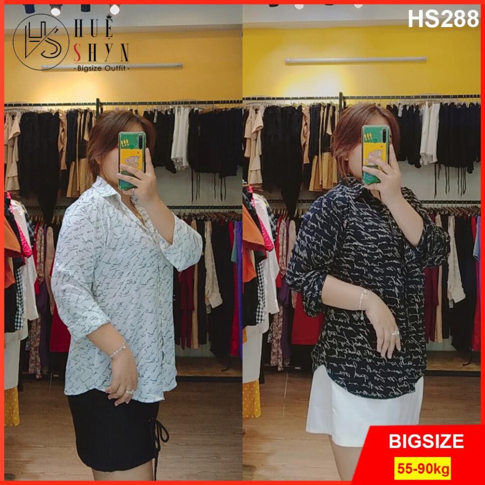 Áo sơ mi nữ bigsize in chữ - Size 55-90kg L XL XXL  - Phôm Áo kiểu bigsize nữ - Đi chơi công sở - Màu Đen Trắng HS288 😍