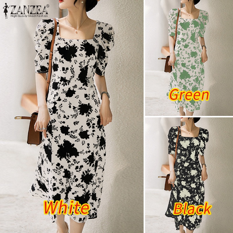 Đầm ZANZEA ngắn tay cổ vuông in họa tiết phong cách Hàn Quốc thời trang cho nữ