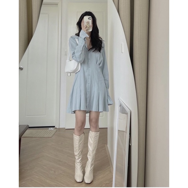 Váy sơ mi chiết eo tay loe vải đũi 2 lớp siêu xinh