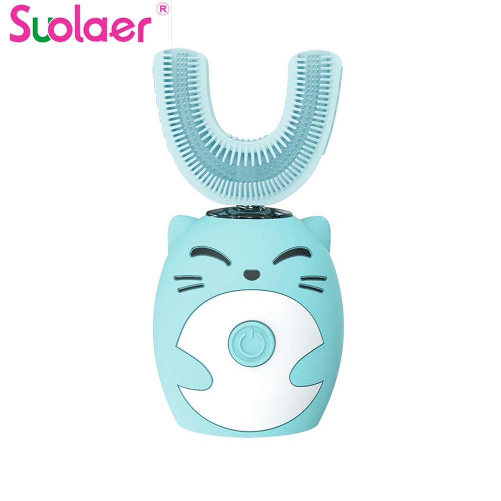Bàn chải đánh răng thông minh SUOLAER hình chữ U 360 độ bằng silicon sạc điện họa tiết hoạt hình đáng yêu cho bé