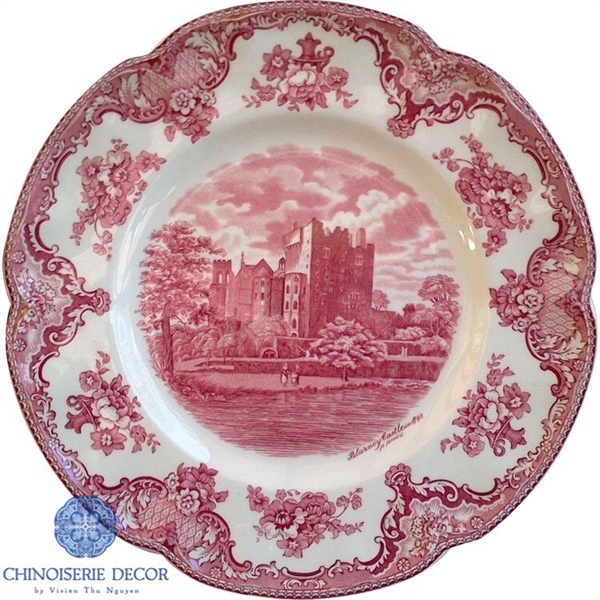 Đĩa ăn gốm sứ men lam cao cấp Johnson Brothers Old Britain Castle màu đỏ 10.5 inch