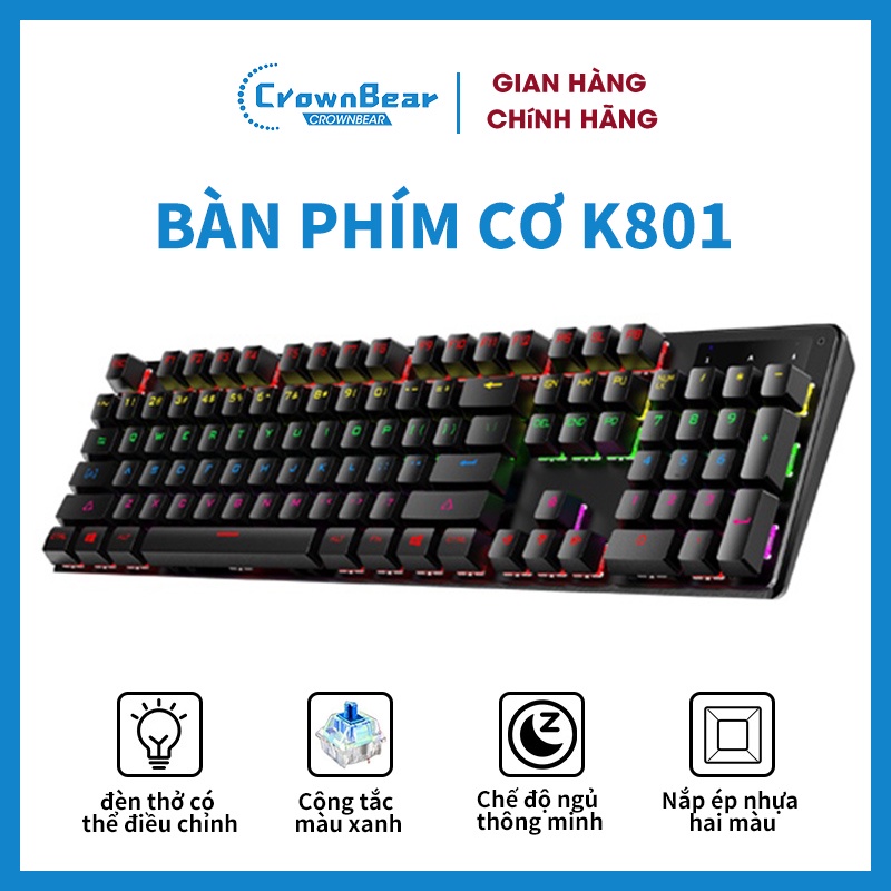 CrownBear Bàn phím cơ gaming RGB K801 104 Phím Blue Switch Bàn phím có dây Đèn nền LED cho PC laptop