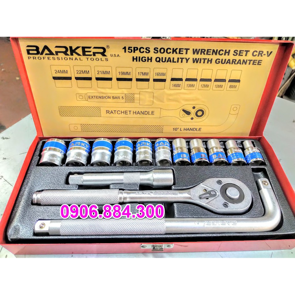 Bộ Tuýp Khẩu 15 Chi Tiết 1/2 Barker 8mm-24mm (Bộ Đầu Tuýp, Bộ Đầu Khẩu, Bộ Đầu Chụp)