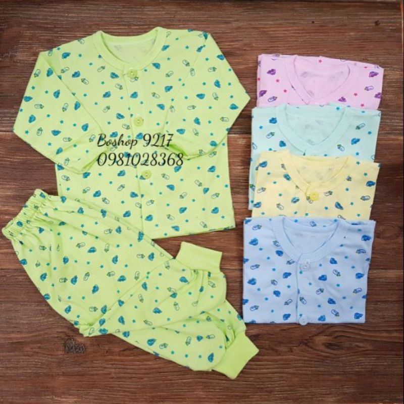 Bộ Quần Áo Dài Sơ Sinh MĐ Cúc Giữa, Vải Cotton Họa Tiết Bình Sữa