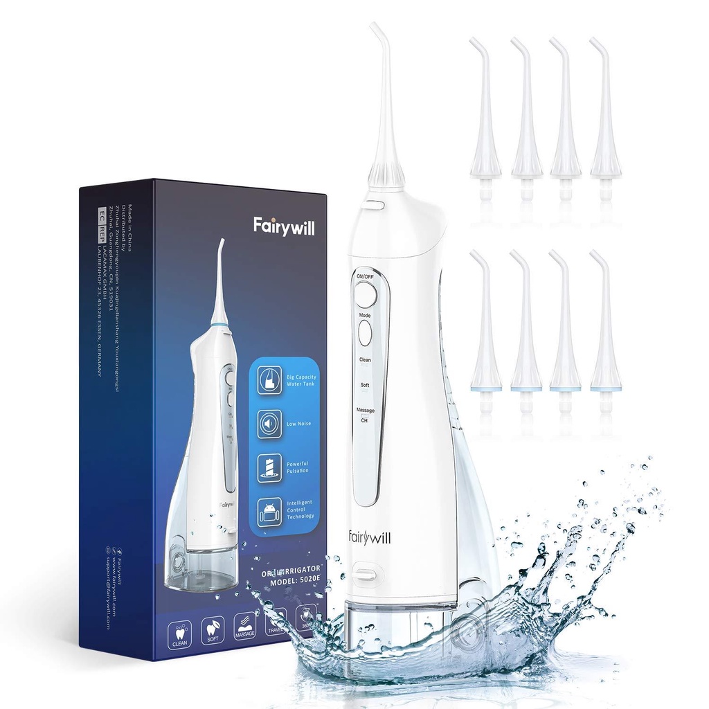 Máy tăm nước cầm tay FAIRYWILL FW-5020E Bản Màu Trắng Tặng 8 đầu thay thế Sạc bằng USB Hàng chính hãng có bảo hành
