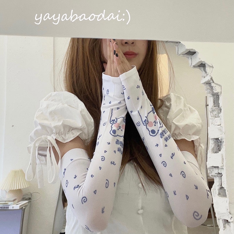 Găng Tay Chống Nắng Vải Lụa Lạnh Thoáng Khí Họa Tiết Dễ Thương Cho Nữ