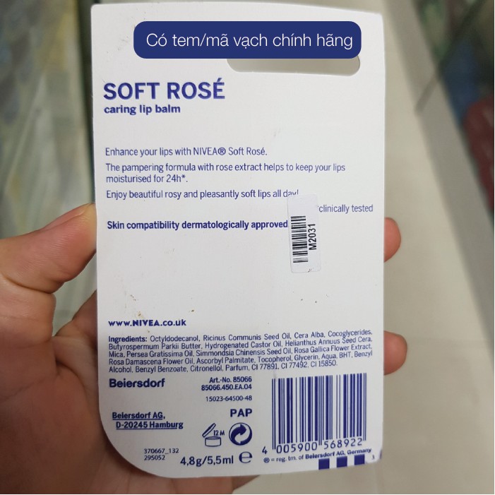 Son dưỡng ẩm môi Nivea Soft Rosé hoa hồng 4.8g, dưỡng môi mềm mại, căng bóng