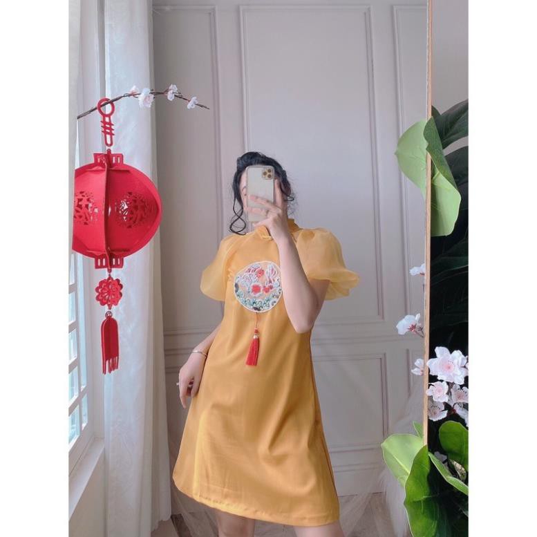 Đầm Suông Cổ Tàu, Đầm Áo Dài Cách Tân Họa Tiết Thêu Hoa Văn Cá Chép Tay Voan Thời Trang Tết. | BigBuy360 - bigbuy360.vn