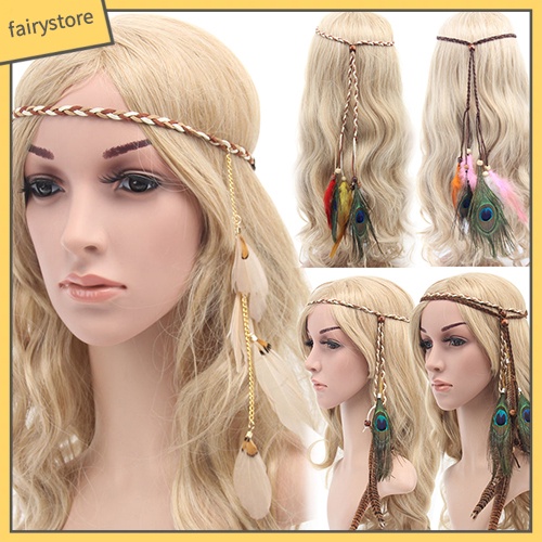 Băng đô cài tóc bện dây phối lông vũ và hạt phong cách boho cho nữ
