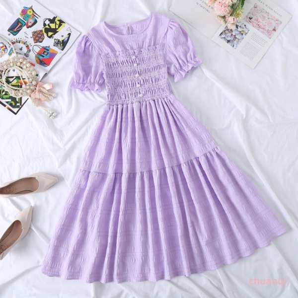 New Puff Sleeve Large Swing Skirt Women's Thin Waist A-line Skirt French Ruffled Versatile Dress