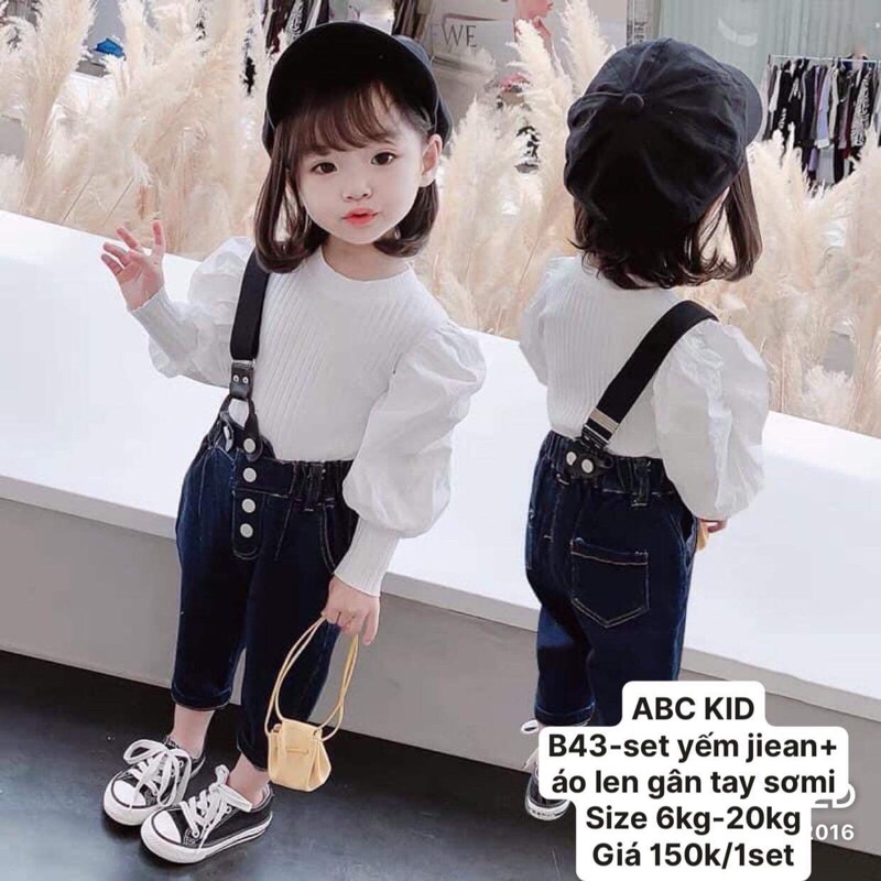 Set yếm jean + áo len gân tay sơmi năng động