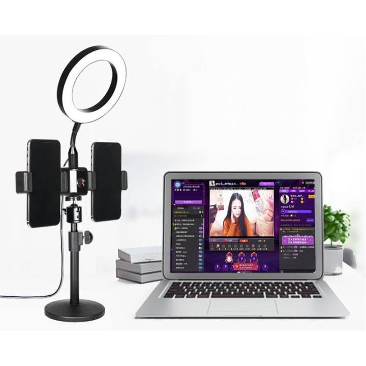 Đèn led livestream 16cm để bàn mini tích hợp 2 kẹp điện thoại kiểu chữ T