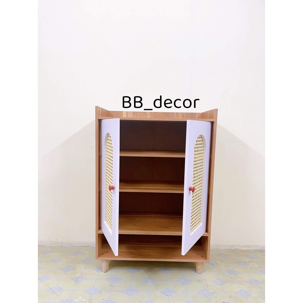 Tủ Đựng Giày Dép Gỗ Sea Decor Có Cánh Cửa Mây Tre Đan Xuất Khẩu Khung Gỗ Cao Cấp Phủ Melamin Chống Ẩm
