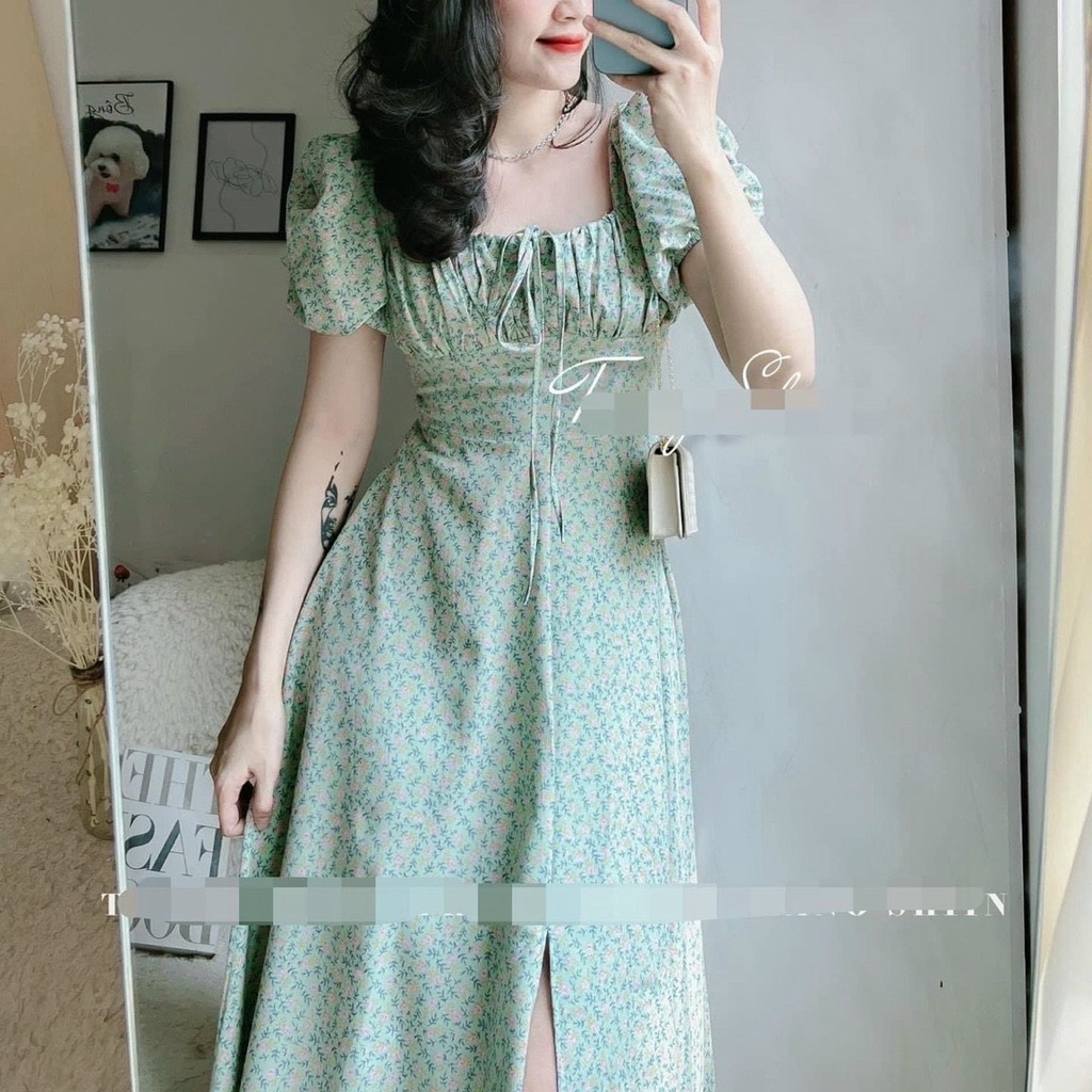 [Miễn phí ship] Đầm hoa nhí tay phồng, đầm xếp ly cổ vuông, đầm midi hoa Hàn Quốc, đầm vintage kiểu dáng maxi có mút dễ