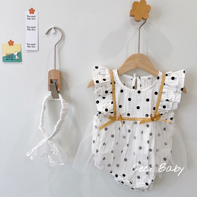 Body bé gái chấm bi phối ren kèm băng đô đáng yêu