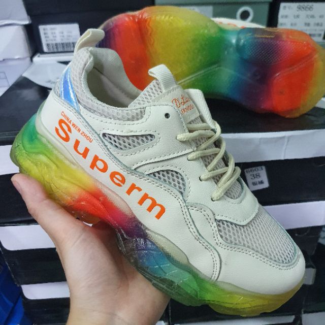 [FREE SHIP] Giày thể thao nữ Ulzzang Rainbow 2 màu kem/trắng hot hit độn đế sắc màu 4.5cm dễ phối đồ