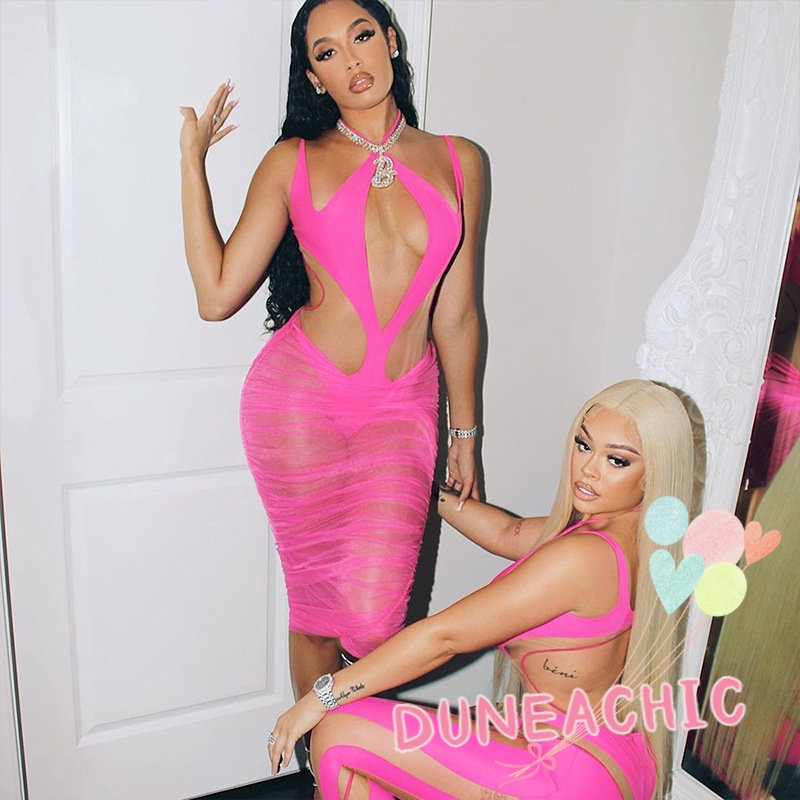 Áo liền quần DUNEA không tay phối lưới xuyên thấu thiết kế quyến rũ thời trang dành cho nữ