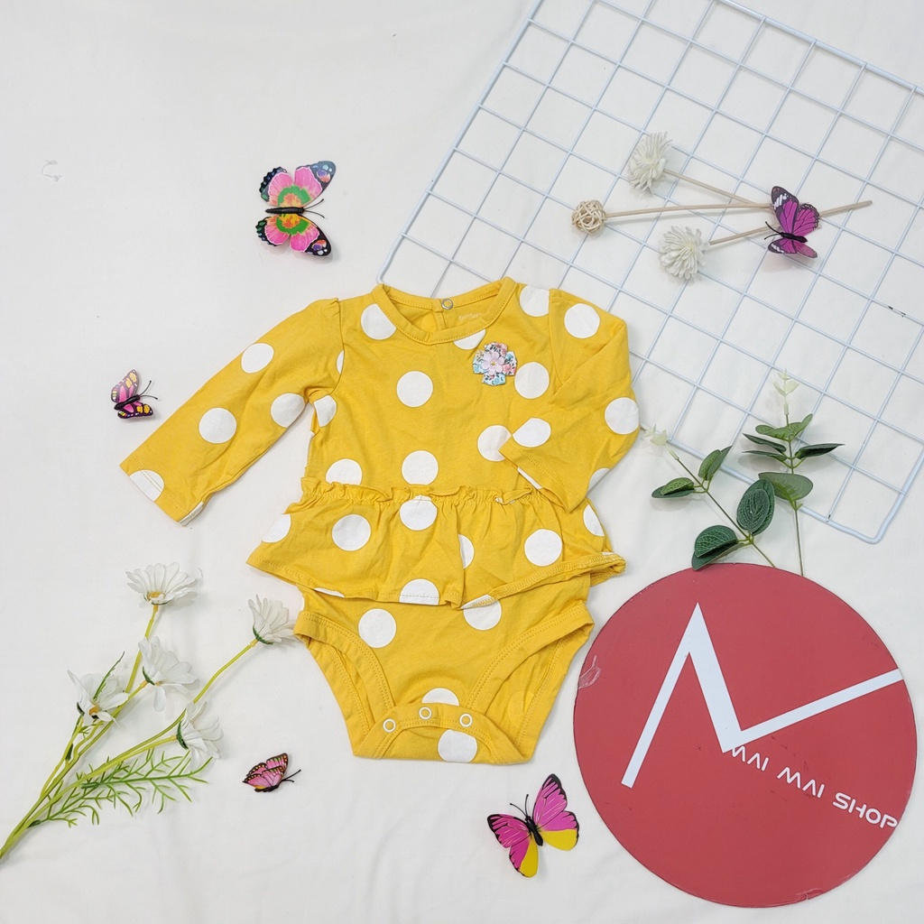 (0-3M chọn màu- GÁI) Body chip TAY DÀI xuất dư cổ tròn, cổ đáp vai cho bé gái- Bộ liền thân, BODYSUIT cho bé