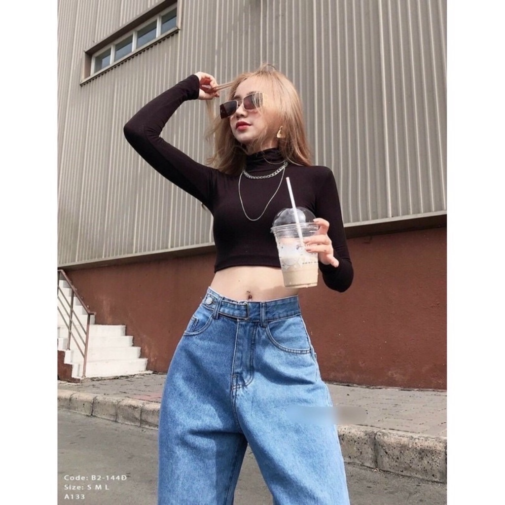 Áo croptop tay dài cổ lọ ôm body , áo thun nữ cổ cao