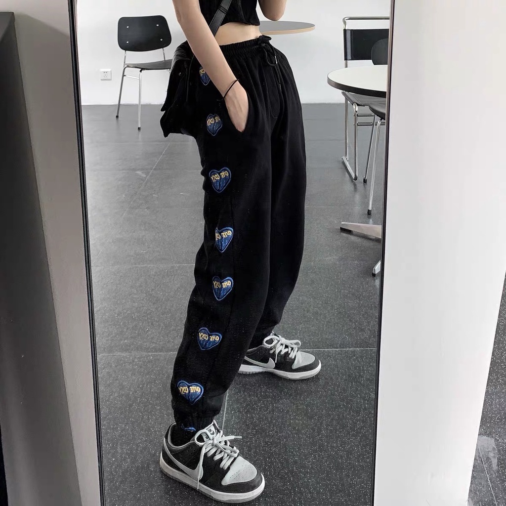 Quần jogger tim xanh Chất nỉ ép ngoại dầy đẹp, from ống rộng, chun ống