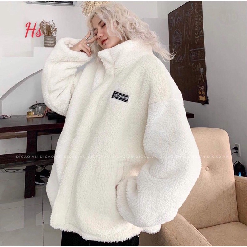 Áo Khoác Nữ lông cừu form rộng Khoá Kéo Dài Tay Dáng Rộng Áo Lông Trắng Cổ Cao Logo ONS G045