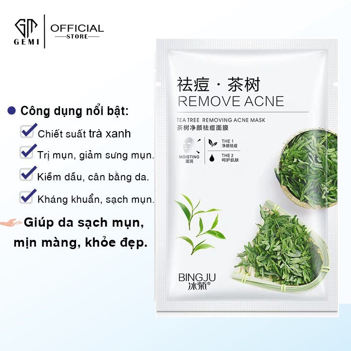 Mặt Nạ Tràm Trà Sạch Mụn Teatree Removing Acne 🌱𝑭𝒓𝒆𝒆𝒔𝒉𝒊𝒑🌱 Mặt Nạ Trà Xanh BINGJU Cấp Ẩm, Giảm Mụn Mask Nội Địa Trung | Thế Giới Skin Care