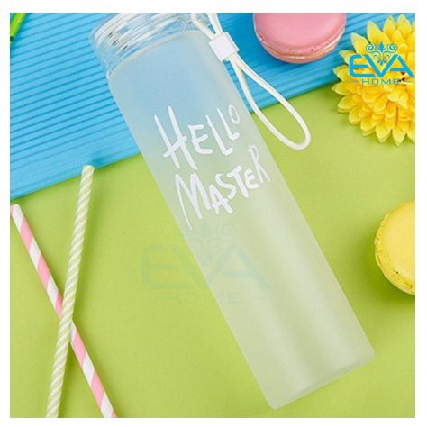 Bình Nước Thủy Tinh In Chữ Hello Master 480ML có dây xách