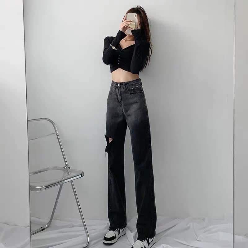 Quần bò loang đen xám rách đùi nữ Chicclothes 🌺Jeans phối ống xuông cạp cao hack dáng | BigBuy360 - bigbuy360.vn