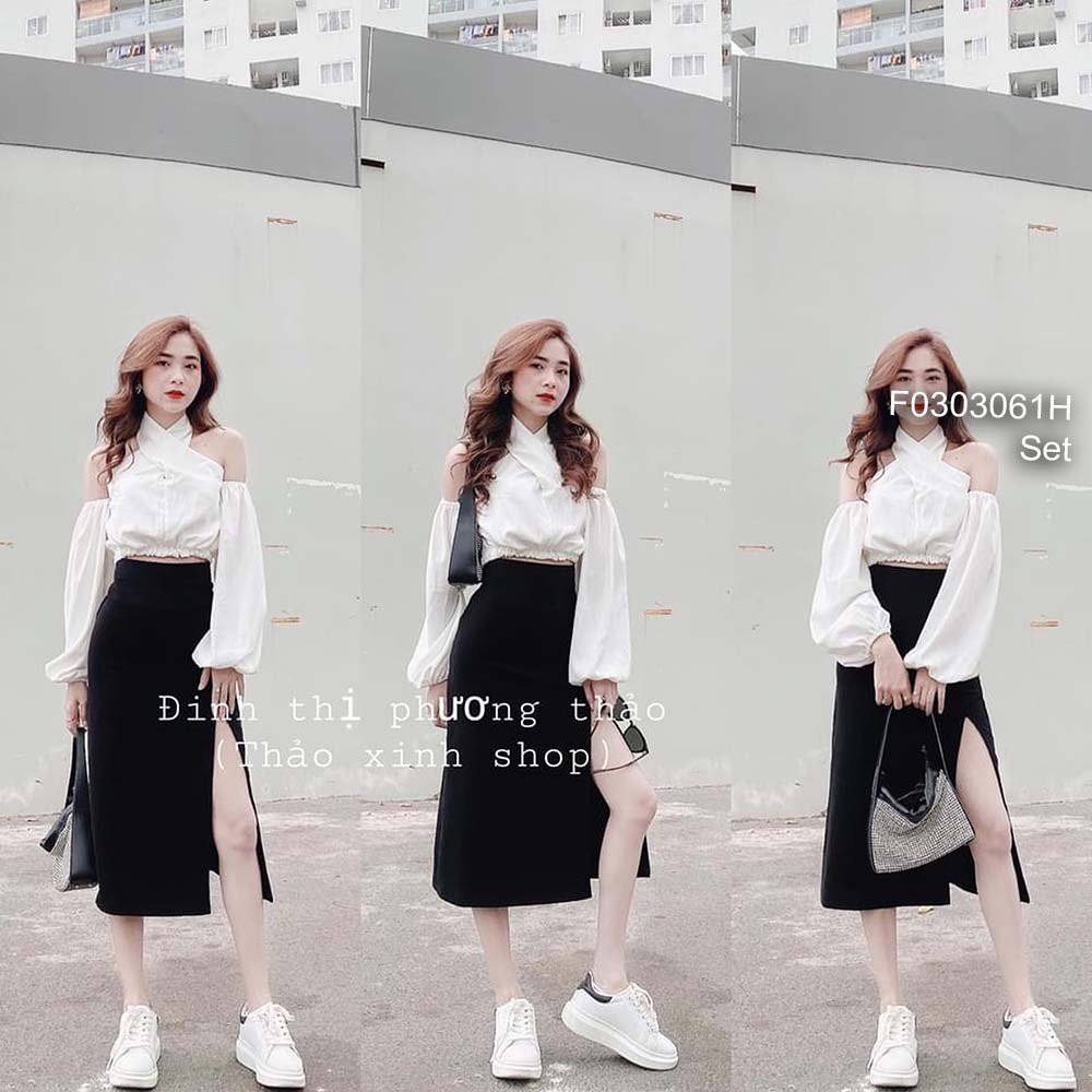 Set áo trắng croptop cổ yếm đắp chéo rớt vai tay dài phối chân váy midi đen xẻ tà!