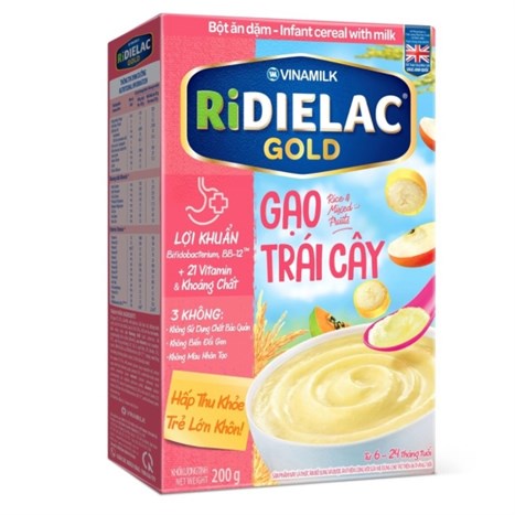 Bột ăn dặm Vinamilk Ridielac Gold gạo trái cây hộp 200g (6 - 24 tháng)