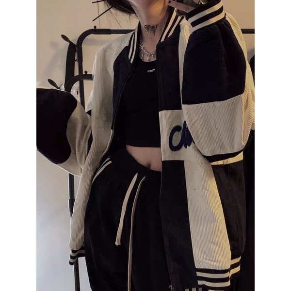 Áo khoác bóng chày denim phong cách retro dày dặn