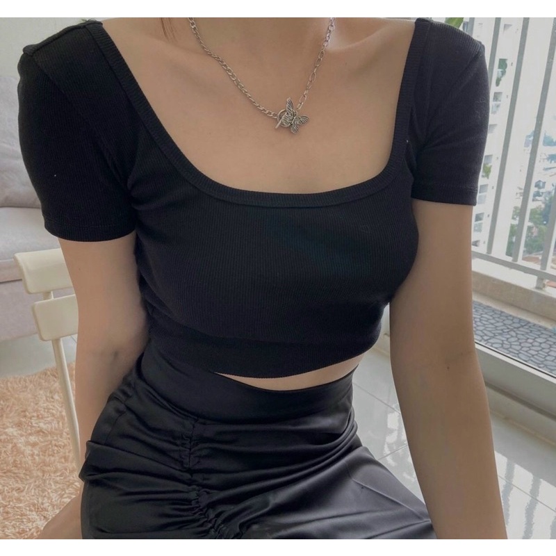 Áo croptop nữ tay ngắn phối nơ, Áo croptop ôm co dãn hở lưng SUNA FASHION