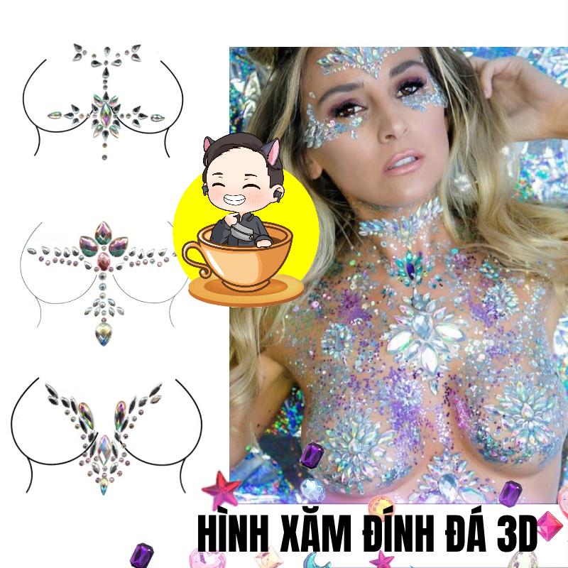 Hình xăm đính đá pha lê 3D, trang trí ngực cơ thể, lấp lánh tham gia lễ hội, rave, music festival biển