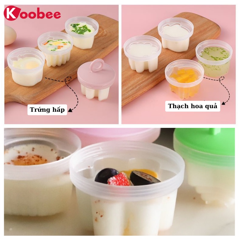 Bộ 4 khuôn hấp trứng, làm bánh flan, làm đậu hũ, pudding cho bé (tặng chổi phết silicon) KOOBEE (AD03)