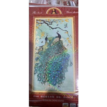 Tranh thêu kín chữ thập Đôi Công Xanh lấp lánh - E144