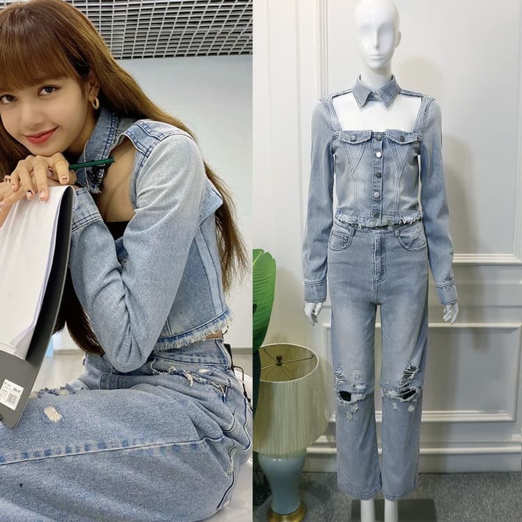 Set đồ jeans Lisa Thanh xuân có bạn 2 - Áo sơ mi cắt kiểu- Quần dài rách gối năng động