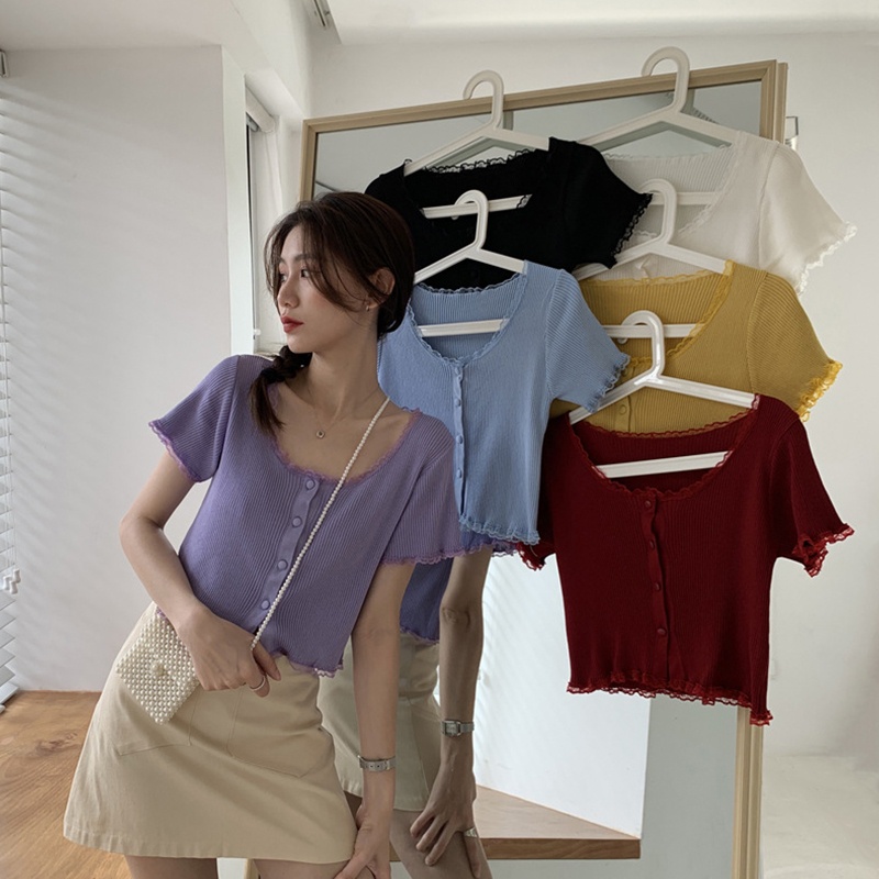 Áo Khoác Cardigan Ngắn Tay Cổ Vuông Cài Nút Phối Ren Thời Trang Cho Nữ