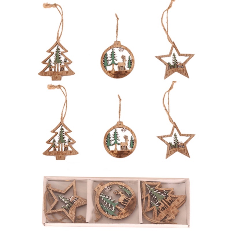 Set 6 phụ kiện treo trang trí cây thông noel bằng gỗ