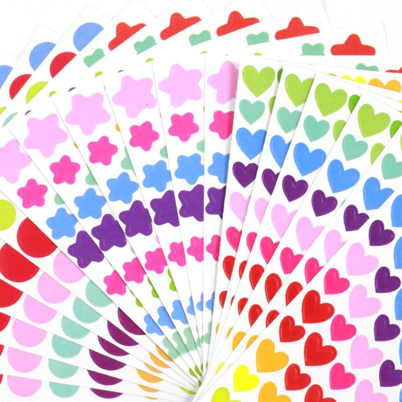 2 tờ sticker hình tim, ngôi sao, hình tròn nhiều màu sắc trang trí sổ, QNshop nguyên liệu handmade