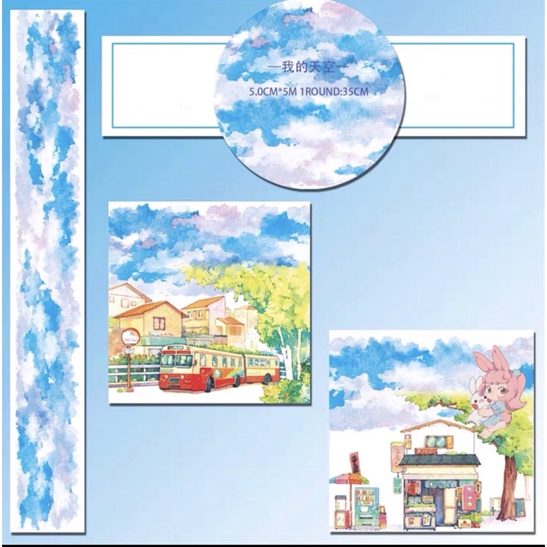 Washi tape trang trí tập vở, sổ tay phong cảnh bầu trời (Chiết chu kỳ 35cm)
