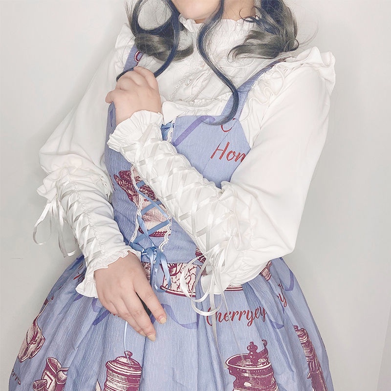 Áo sơ mi cổ đứng phối ren bèo phong cách lolita