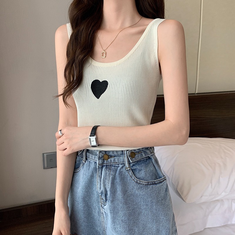 Áo không tay ZHELIHANGFEI dệt kim thêu họa tiết trái tim hở lưng xinh xắn