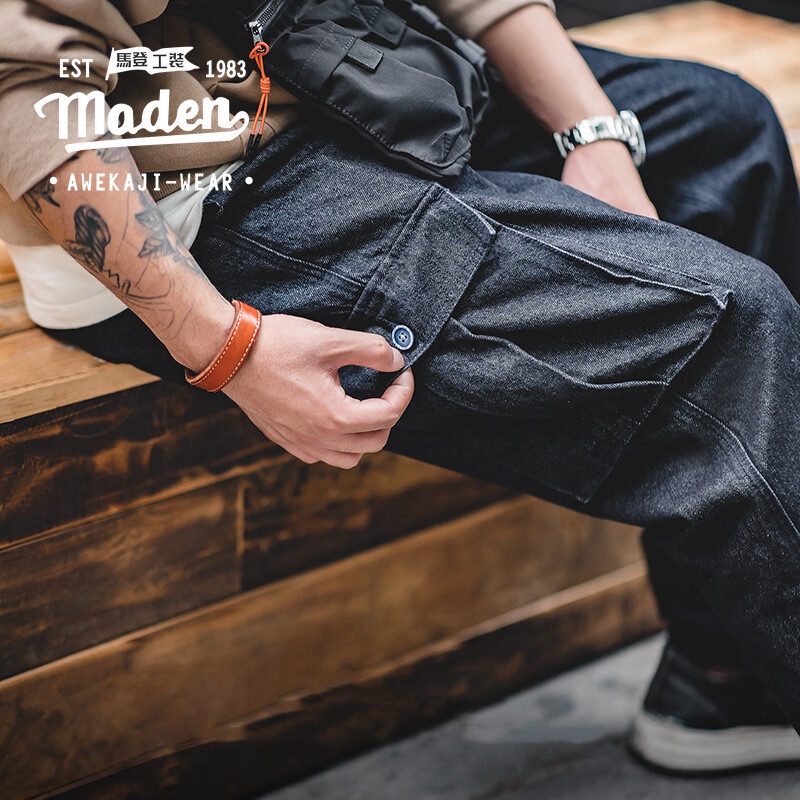 Quần jean MADEN ống rộng phối túi lớn 12.8 oz phong cách retro Mỹ cho nam