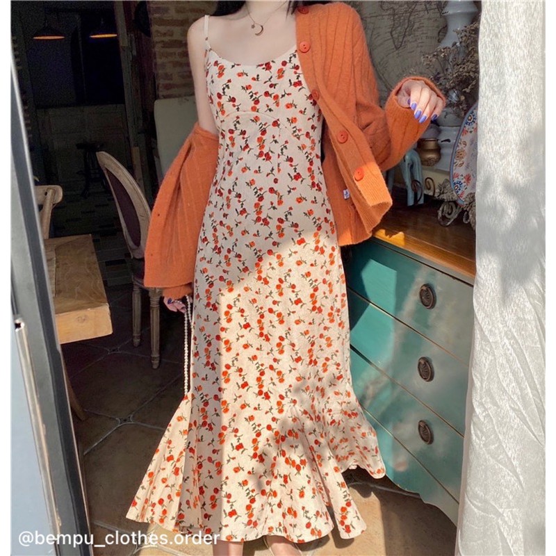 Set váy hoa dài đuôi cá cùng áo len cardigan nữ tính
